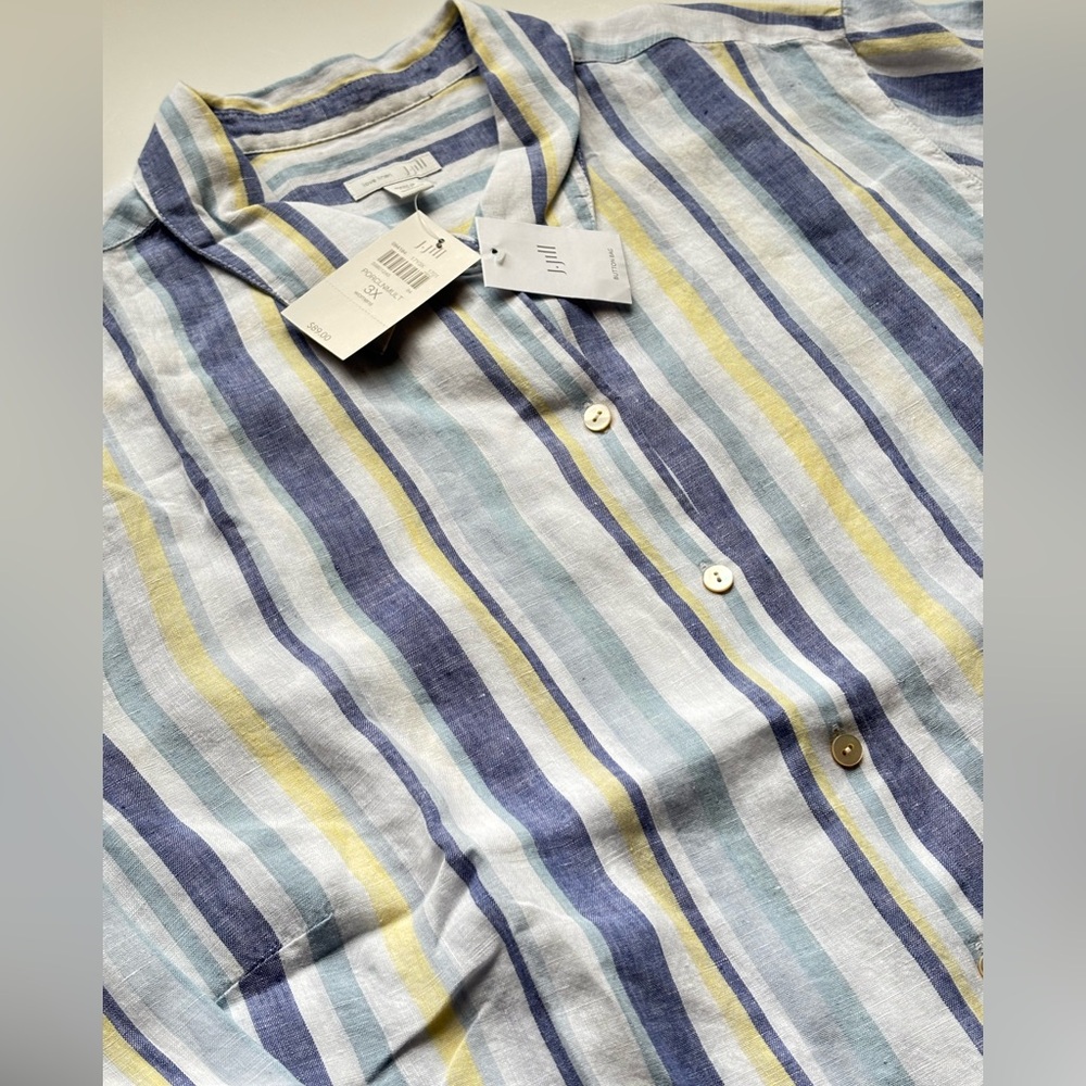 J Jill Love Linen Blue White Yellow Stripe 100% Linen Button Down Long Sleeve 3X - Picture 5 of 10